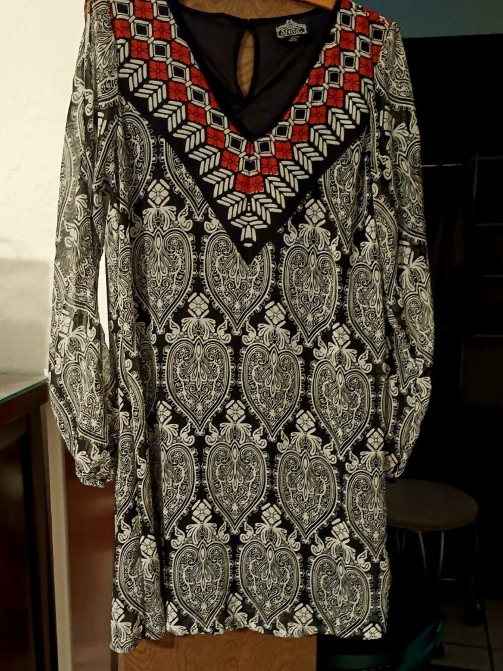Angie lightweight, lined paisley print tunic dress w/split long sleeves ~ Sm-Med